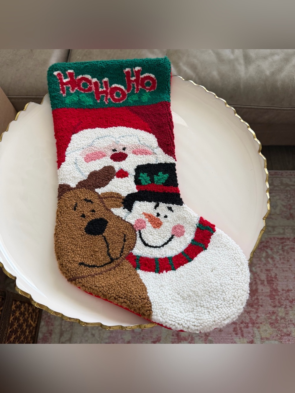 Vtg Hand Hooked Wool Christmas Stocking Santa Snowman Reindeer Ho Ho Ho 22"